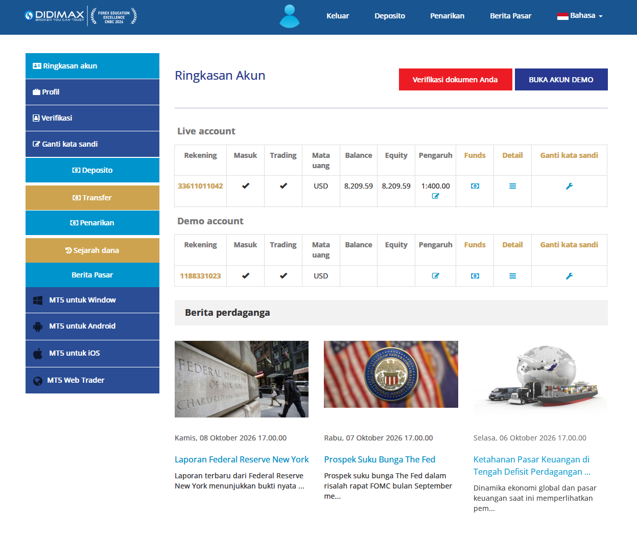 Dashboard akun trading Didimax
